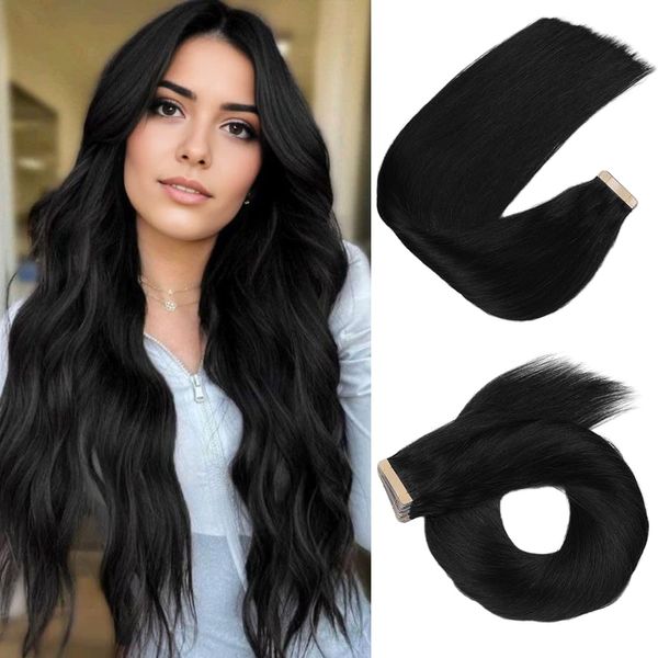 Tape in Hair Extensions Remy Human Hair 18 Inch Seamless Skin Weft Tape in Hair Extensions Invisible Tape in Hair Extensions Human Hair Straight Jet Black Double Sided Tape ins (1#,18 Inch)