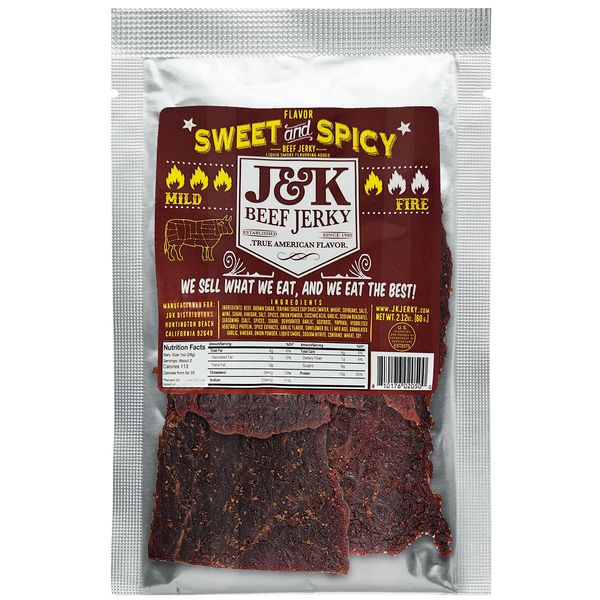 J&K Sweet and Spicy Beef Jerky - Small Batch Hand Crafted Beef Jerky - Made with USDA Choice Sirloin in Southern California - 7oz