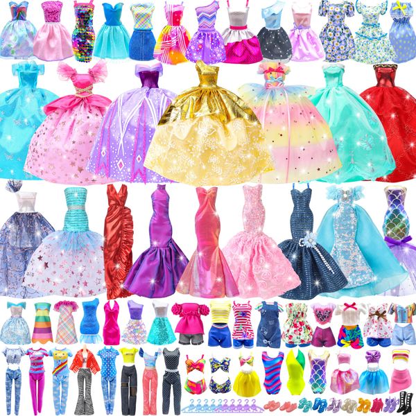 Style Shine 50 Pack Doll Clothes and Accessories, 4 Wedding Gowns 2 Evening Dresses 6 Fashion Dresses 6 Set Casual Outfits Top and Pant 2 Swimsuit Bikini, 20 Hanger 10 Shoe Toys for Girl Birthday Gift