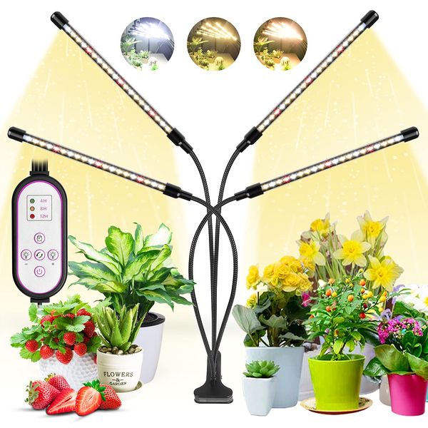 wolezek Grow Light, 80 LED 4 Heads Grow Lights for Indoor Plants, Full Spectrum Plant Light 3000K 5000K 660nm, 10 Dimming Level, 4/8/12H Timer, 3 Switch Mode, Grow Lamp for Seedlings and Succulents