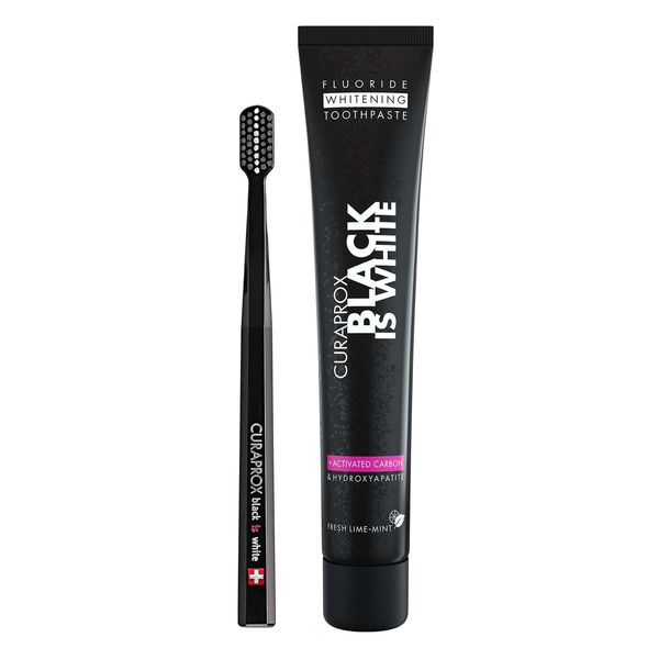 Curaprox Black is White Set für weiße Zähne, Zahnaufhellung mit schwarzer Zahncreme aus Aktivkohle, whitening toothpaste, 1x Zahnbürste und Zahnpasta 90ml