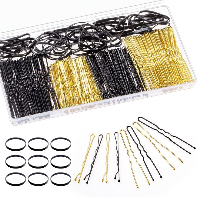 300 Stück Haarschmuck Set, 100 Stück U Haarnadeln & 100 Stück Bobby Pins & 100 Stück Haargummis mit Aufbewahrungsbox für Mädchen und Frauen (Gold und Schwarz)