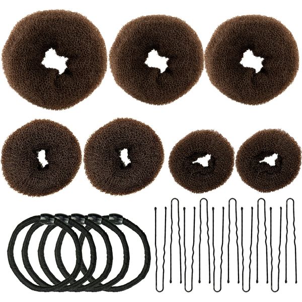 Donut bread maker, hair bun maker 7-piece brown, ring shape set, with 10 U-shaped clips, 5 elastic hair ropes.