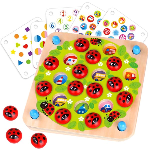 Nene Toys Ladybug’s Garden Memory Game – Wooden Matching Game for Kids Age 3 4 5 Years Old – Family Game with 10 Fun Patterns – Educational Toy for Boys & Girls Cognitive Development