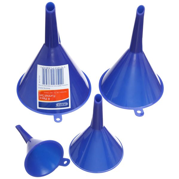 Draper 4 Piece Plastic Funnel Set | 50mm | 75mm | 100mm | 115mm | Filling Bottles and Containers Funnels | Multifunction Funnel Kit | 43853, Blue