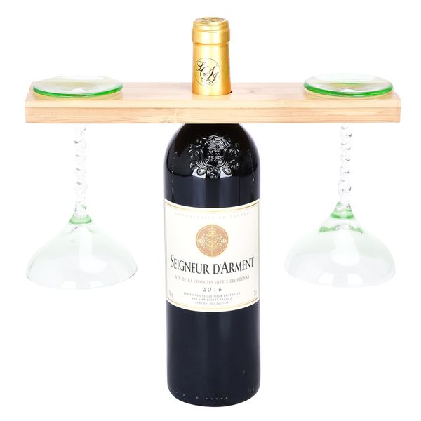 Regal Trunk & Co. Wine Holder for 2 Glasses - For Picnic or Decor - Glass Holders on Top of Bottle - Wine Caddy - Space Saving Design - Gifting Set for Housewarming - Brown H2xL28xW6 cm