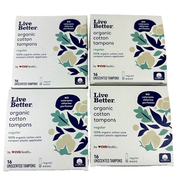 (4) Live Better Organic Cotton Tampons CVS Health Regular 16Ct (64 total)