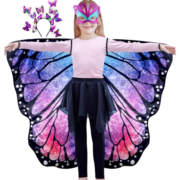 D.Q.Z Double-Sided Fairy Butterfly-Wings Costume for Girls Kids Dress-Up Halloween Costumes Mask Headband as Gifts (Starry Purple)