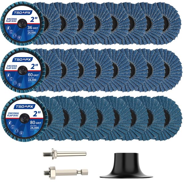 TSOAPX 28 PCS Flap Disc Set, 2" Zirconia Blue Flat Flap Discs Roll Lock Grinding Sanding Sandpaper Wheels with 1/4" Shank Holder Grit 36/60/80, Surface Prep Discs for Angle Grinder Rust Paint Removal