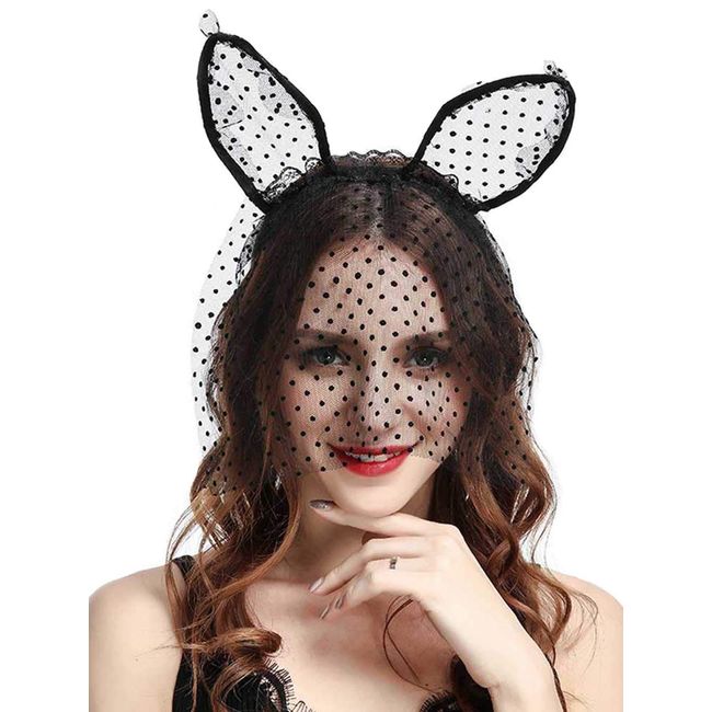 Jovono Christmas Cat Ears Veil Black Headband Wave Point Halloween Headdress for Women and Girls