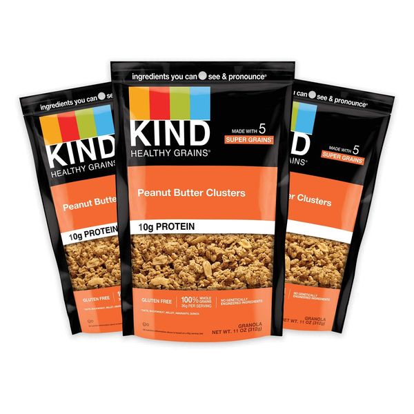 KIND HEALTHY GRAINS Granola, Healthy Snack, Peanut Butter Granola Clusters, 10g Protein, Snack Mix 11 OZ (3 Pack)