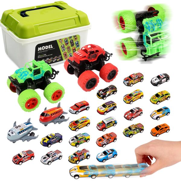 ULEEN 24 Pack Pull Back Toy Cars & Monster Trucks with Storage Box, Baby Toy Cars Race Cars Vehicles Party Favor Pinata Fillers Stocking Stuffer Birthday Gifts for Boys Girls Toddlers 3-5 Years Old