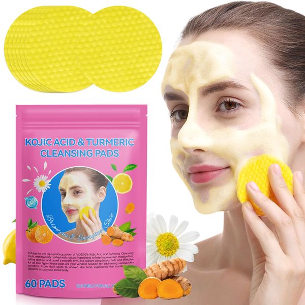 Turmeric Kojic Acid Cleansing Pads,60 Stück Kojic Acid Cleansing Pad,Kurkuma-Kojic-Säure-Reinigungspads,Compressed Turmeric Kojic Acid Pads for Face Cleansing and Exfoliating