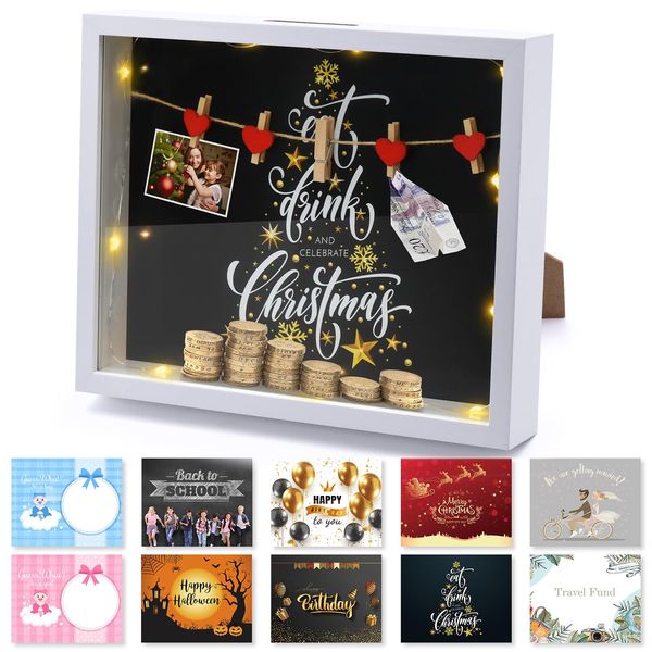 oGoDeal 3D Shadow Box, 3D Picture Frame Box Display Wedding Gifts for Couples, 3D Money Box Picture Frame with LED Warm Light, Hanging Picture Storing Coins for Home Decoration