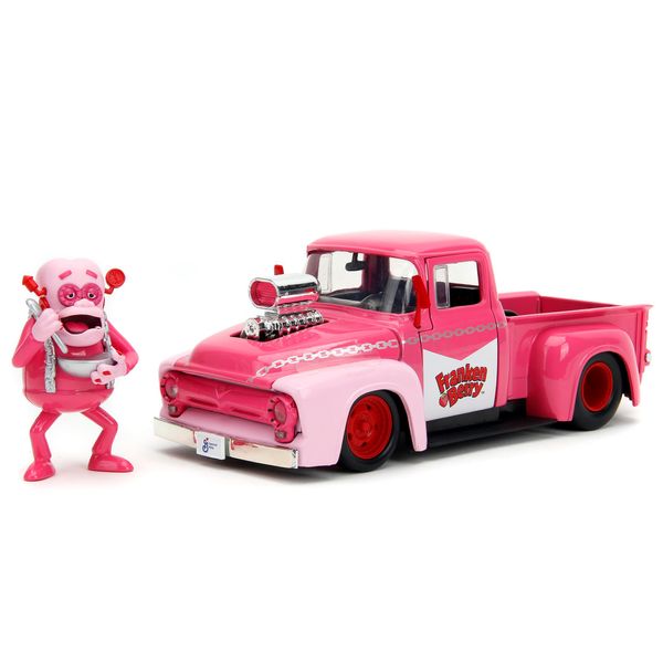 1956 F-100 Pickup Truck Pink with Graphics and Franken Berry Diecast Figure Franken Berry Hollywood Rides Series 1/24 Diecast Model Car by Jada 32025