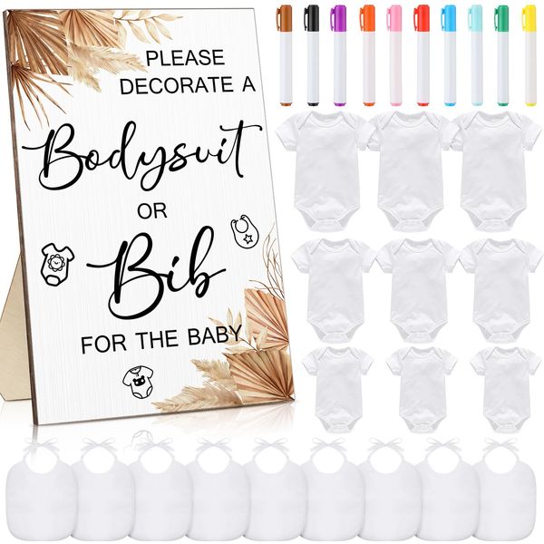 35 Pcs Baby Shower Games Baby Bibs Design Wooden Baby Shower Game Sign DIY Bodysuit Bib Sign 15 White Blank Baby Feeder Bibs 9 Newborn Bodysuit 10 Marker for Baby Shower Boys Girls (Boho)