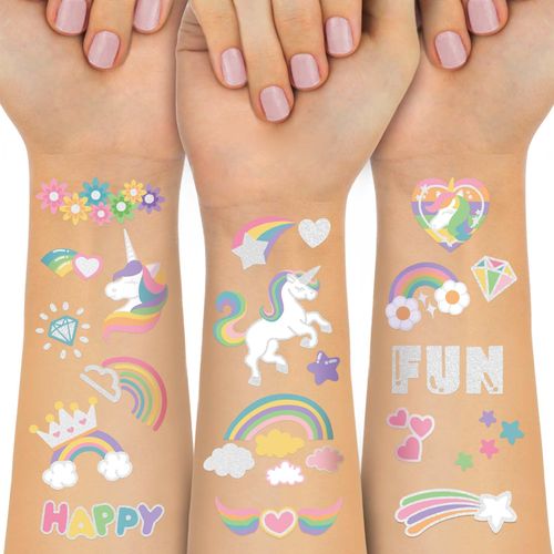 Waterproof Temporary Tattoos - 118 Pieces Fake Tattoos for Kids Birthday Party Accessories, Star Unicorn Rainbow Flower Crafts for Boys or Girls Aged 6 7 8 9 10 11 12 Years