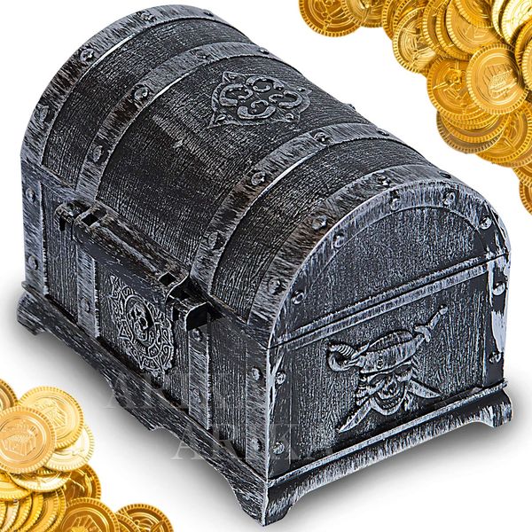 ARIKA Treasure Box, Toy Box, Pirate, Gold Coins, Treasure, Gold Coins, Set of 100 (Antique Silver)