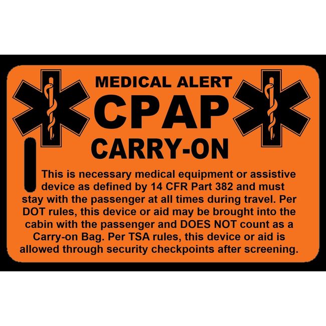 Safety Orange Carry-On CPAP  Bag Tag - TSA - Sleep Apnea