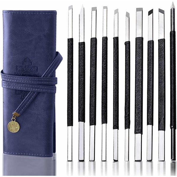 ziyue Carving Knife, Thread Spooling, Tungsten 10 Piece Set, Iron Brush, Sharpness, High Hardness, Anti-Slip, Stamp Blade, Engraving, Stone Carving Knife Set, With Leather Case (Set of 10)