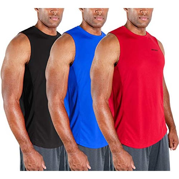 DEVOPS 3 Pack Men's Muscle Shirts Sleeveless Dri Fit Gym Workout Tank Top (Large, Black/Blue/Red)