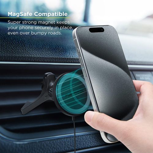 PureGear Qi2 Certified 15W MagSafe Car Mount Charger, Magnetic Wireless Car Charger, Car Phone Holder for iPhone 16/15/14/13/12, Air Vent/Dashboard, Super Fast Charging, Black