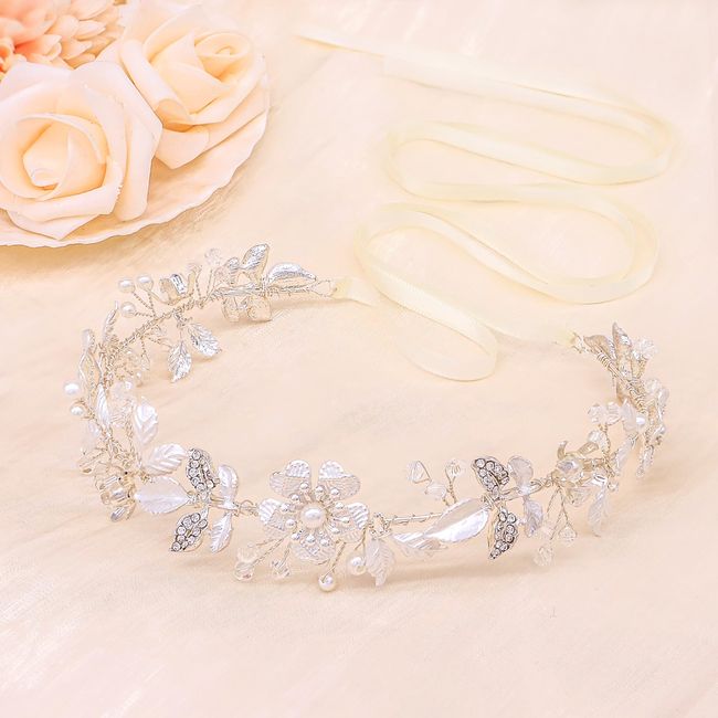 Oriamour Sliver Bridal Headpieces for Wedding Headband Bride Hair Pieces Crystal Flower Leaves Design Hair Accessories For Women Girls