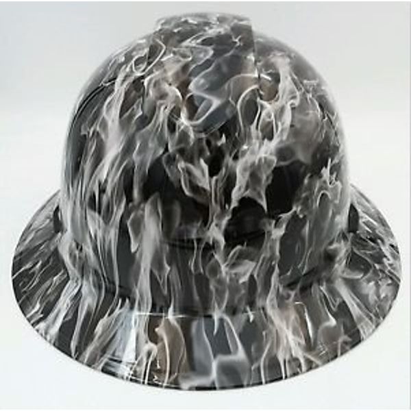 Wet Works Imaging Customized Pyramex Full Brim White Flames Hard Hat with Ratcheting Suspension