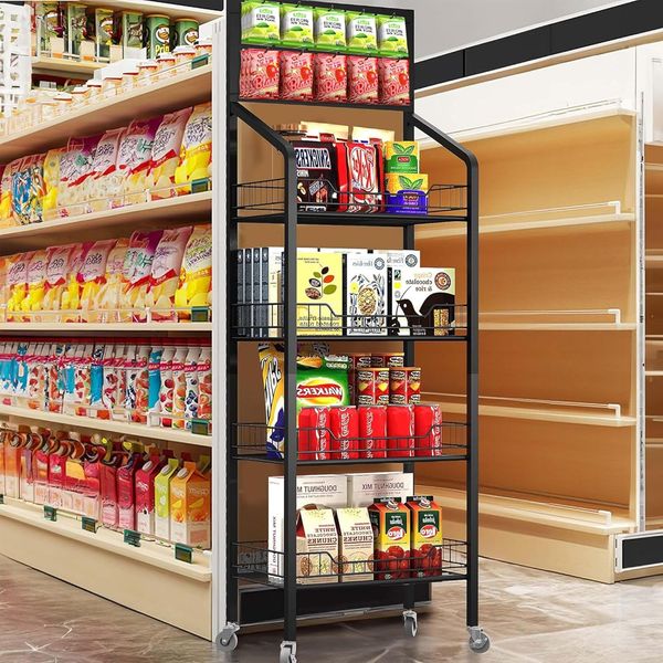 Retail Candy Snack Display Rack, 4-Tier Black Metal Storage Shelf Brackets with