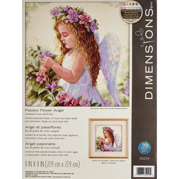 DIMENSIONS 35229 Passion Flower Angel' Counted Cross Stitch Kit, 14 Count Ivory Aida, 11" x 11"