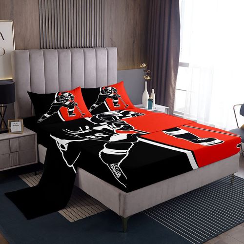 Hockey Player Bed Sheets Set Ice Hockey Sheet Set Ice Sports Games Blue Sheets with Deep Pocket Fitted Sheet for Boys Girls Children Bed OOM Decor Puck Hockey Black Red Bedding Set Twin 3Pcs