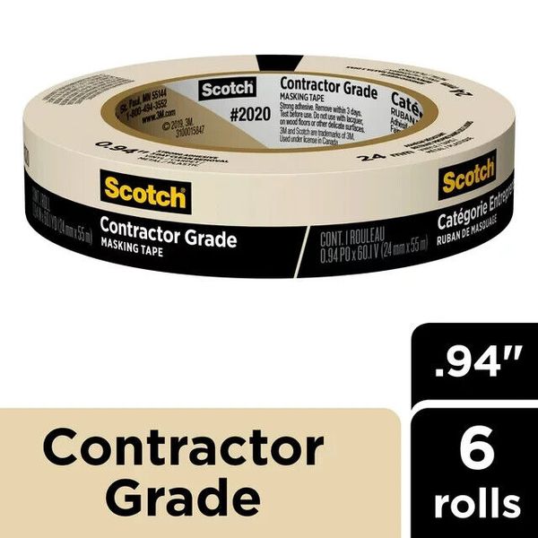 Scotch Contractor Grade Masking Tape, 0.94 inches x 60.1 yards, 6 Rolls