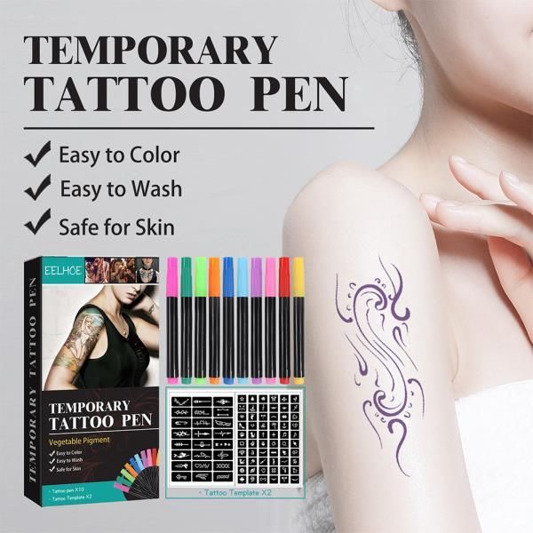 Tattoo Stencil Body Mark Temporary Set, Skin Friendly, 10 Count Pack of Various Colors for Art Painting Drawing