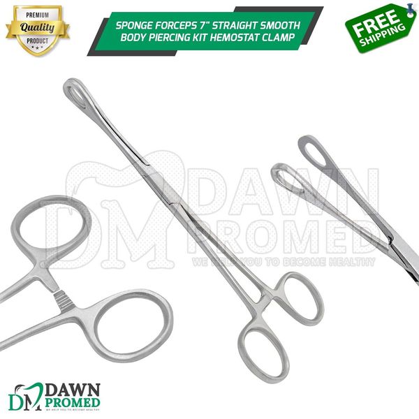 Sponge Forceps 7" Straight Smooth Body Piercing Kit Hemostat Clamp German Grade