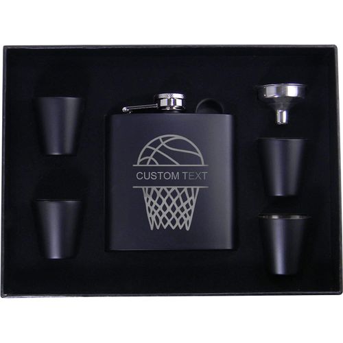 Basketball Hoop Add Your Text, Customized/Personalized Laser Engraved Black Stainless Steel Matte Portable Premium Hip Flask, Gift Box, (4) Shot Glasses, Funnel