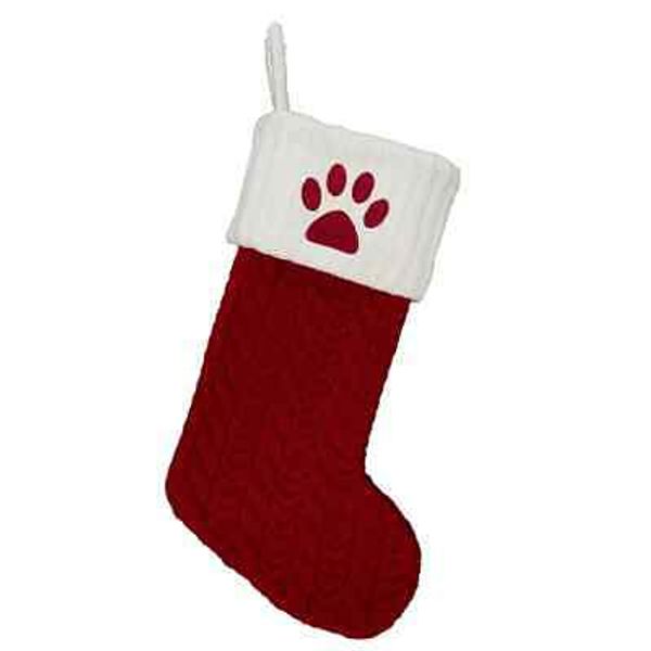 St Nicholas Square 21" Christmas Stocking Dog Paw Pet Cat Red & White Cable Knit