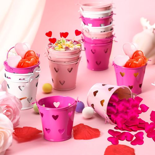 Sosation 18 Pcs Valentine‘s Day Small Metal Bucket with Handle Mini Heart Pails Bulk Crayon Pencil Craft Supply Holder for Valentines School Party Favor with Heart Hollow (Rose Red, Pink, White)