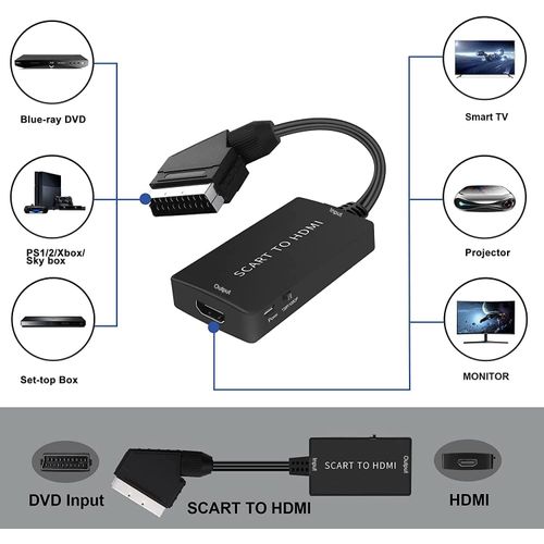 AIFHDAUF Scart to HDMI Converter with HDMI Cable, Scart Input HDMI Output Video Audio Adapter for Sky/DVD/STB for Display on HDTVs