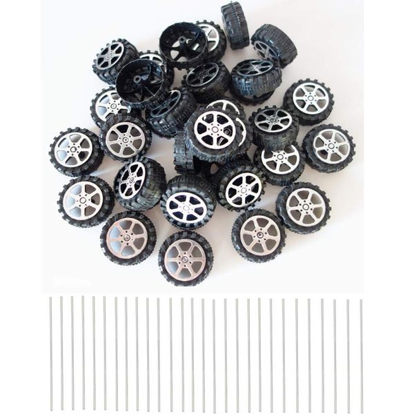 30 Pcs Plastic Roll 2mm Dia Shaft Toys Car Wheel with 15 Pcs Shaft Round Rod Axles for DIY Model Toy RC Car Truck Building Projects