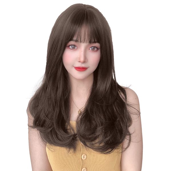 Long Straight Harajuku Lolita Wig, Full Wig, Semi-Long, Curl, Natural, Long, Loose and Fluffy, Cross-Dressing, Small Face, Popular, Heat Resistant Wig Harajuku, With Net/Comb (Ash Brown)