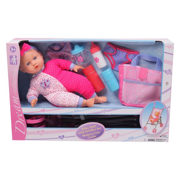 DREAM COLLECTION Gi-Go: 14' Baby Doll with Stroller Set, Accessories Include, Bib, Diaper, Sippy Cup, Bottle, Carry Case and More, Realistic Facial Features, For Ages 3 and up