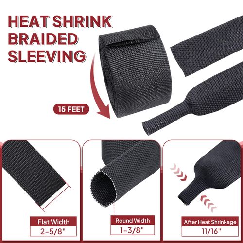BuyUneed Heat Shrink Braided Sleeving, 2:1 Ratio Shrinkable Fabric Tubing Sleeve Abrasion Protection Cable Wire Sheath (1-3/8"-15ft)