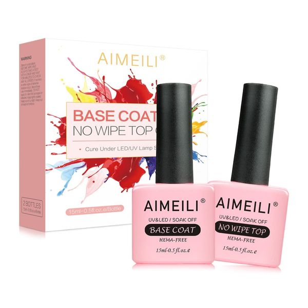 AIMEILI Base and Top Coat Gel Nail Polish Soak Off UV LED Gel Polish No Wipe Top Coat and Base Coat 15ml