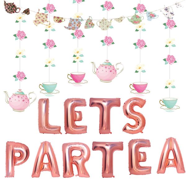 Mity rain Tea Party Decorations - LET'S PAR TEA Aluminum Foil Balloons/Teapots Teacups Tea Party Banner/Floral Tea Party Hanging Decorations for Baby Shower Bridal Shower Girls Birthday Party Supplies