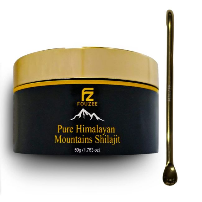 FOUZEE Pure Himalayan Mountains Shilajit - Authentic Hard Consistency, Natural Source of Fulvic Acid, Over 85 Trace Minerals, Includes Stainless Steel Spoon (50 Grams)