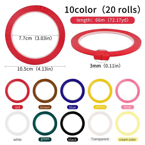 20 Rolls Whiteboard Graphic Chart Tapes,10 Colors 3mm x 66m Colored Self Adhesive Tape,Thin Narrow Vinyl Pinstripe Art Tape,Dry Erase Board Grid Marking Warning Lines,Motor insulation