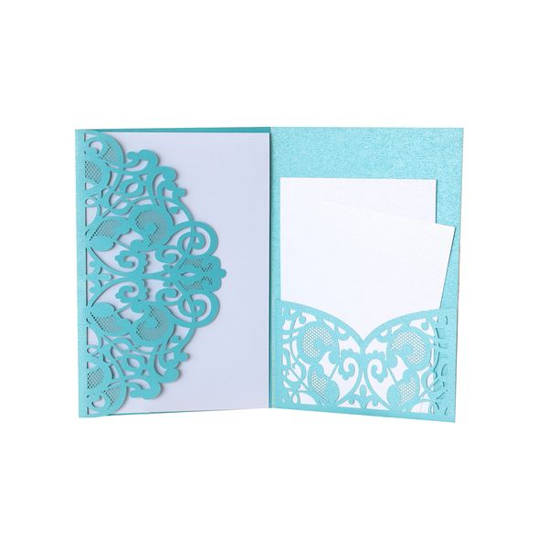 C-POSH Greeting Card Laser Cut Trifold with Pockets Lace Envelopes with Blank Cards for Wedding Gift Party Invitations White (3 Turquoise/White Cards)