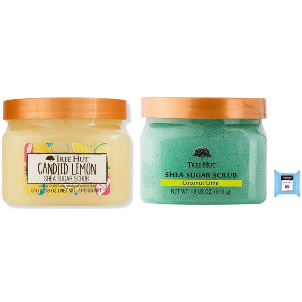 Tree Hut Shea Sugar Body Scrub Candied Lemon AND Coconut Lime,18oz With Single Makeup Remover Wipe