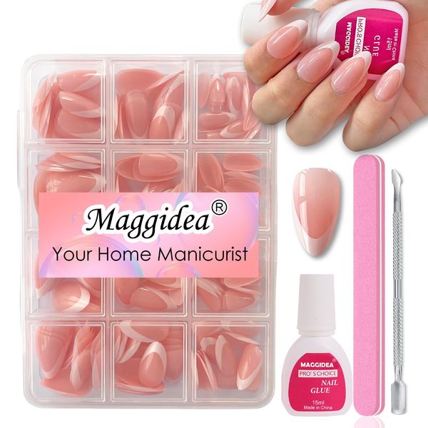 Maggidea False Nails Kit, 240 Pcs French Tip Press on Nails, Fake Nails Nude Base Glossy Full Cover Glue on Nails Nail Art Manicure for Women (Short Deep Arc Almond-Nude Base)