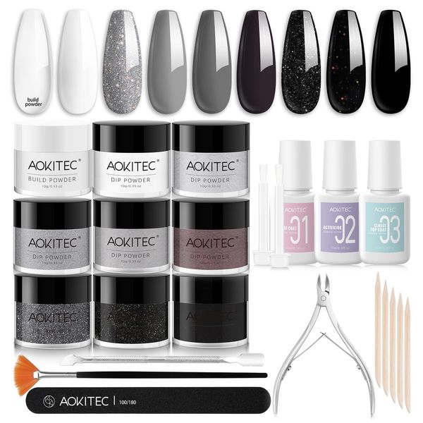 Aokitec Dip Powder Nail Kit - Black & White Series Dip Powder 8 Colors with Clear Build Powder Dip Base Activator Top Gel Dipping Powder Liquid Set for French Manicure All-in-One Dip Nail Kit